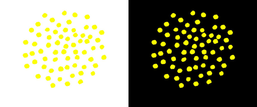 Yellow polka dot pattern on white and black backgrounds, hand drawn circular dots texture, abstract minimalist spot design elements