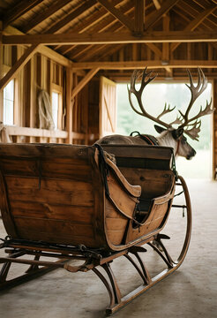 Christmas holiday tradition and winter travel, reindeer with large antlers harnessed to a vintage wooden sleigh inside a rustic barn for festive season