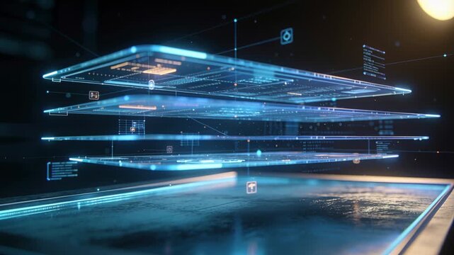 Pulsing pulse splitting hologram into stacked plates in studio, showing floating UI icons, warm rim