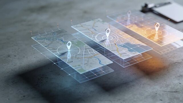 Receiving signal, 3 layered map tiles floating on concrete desk, pulsing and focusing right pin