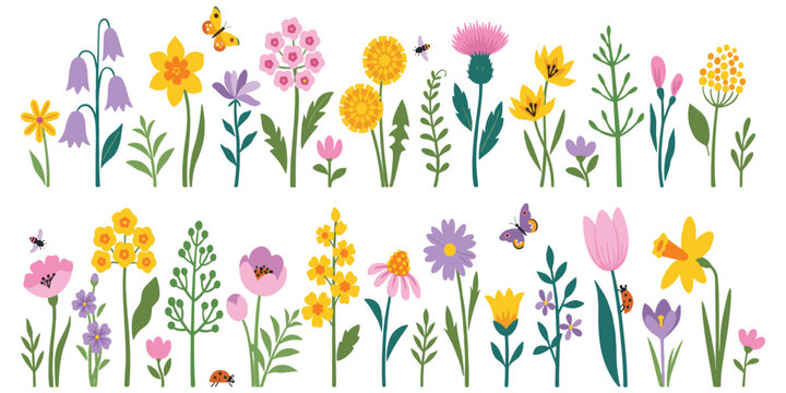 Flat vector illustration of colorful wildflowers with butterflies, bees, ladybugs, garden blossoms, nature insects, vibrant floral arrangement, decorative botanical design