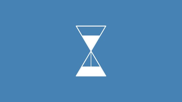 A minimalist white hourglass icon with sand flowing on a solid blue background, symbolizing time, waiting, or process.