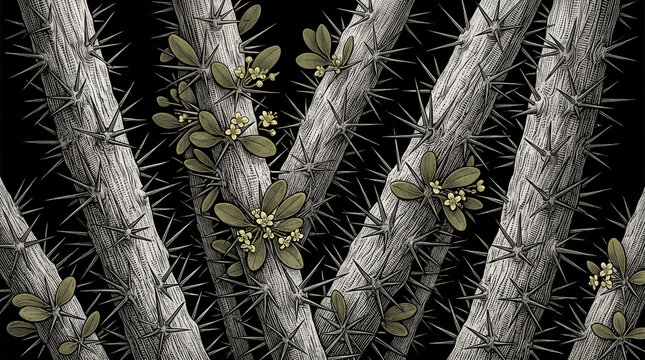 Detailed engraving illustration featuring prickly cactus stems with small blooming yellow flowers on black background
