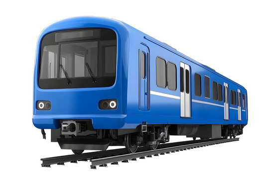 Modern blue metro train driving on railway tracks, side view.
