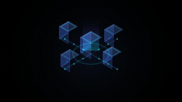 Futuristic isometric network database concept with glowing blue nodes animating on black background