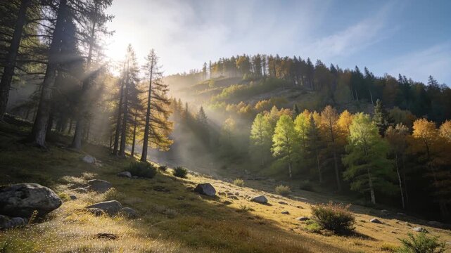 Rising sun sending beams through left conifers across alpine meadow, dew sparkling, mist lifting
