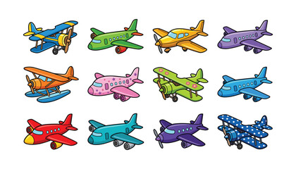 Cute Cartoon Airplane Characters Vector Set with Colorful Toy Planes and Biplanes for Children Education, Room Decor, Nursery Wall Art, and Kids Travel Designs © sunjida