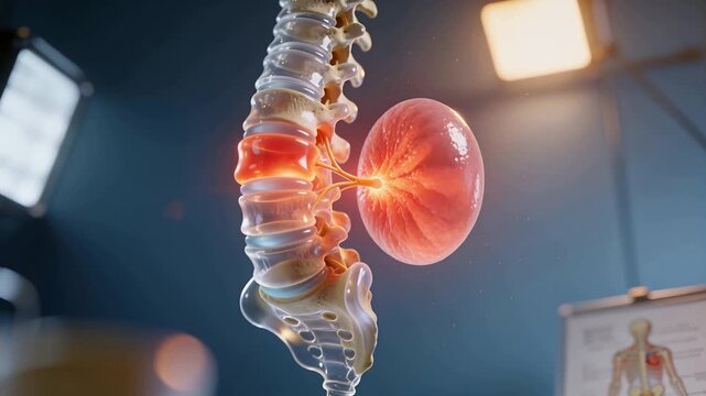 Red ring rising, spine model forming bulge in lab, pressing glowing nerve root, showing compression