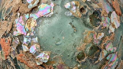Obraz premium Iridescent ancient glass shard surface displays beautiful shimmering colors with weathered textures and natural organic debris