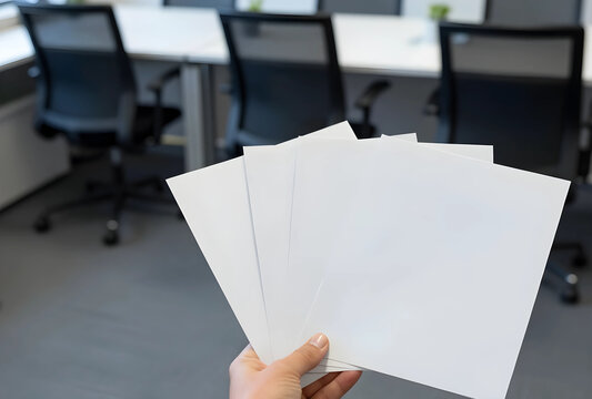 Business communication and corporate documentation, person holding blank white paper sheets for mockup in modern office meeting room with empty chairs