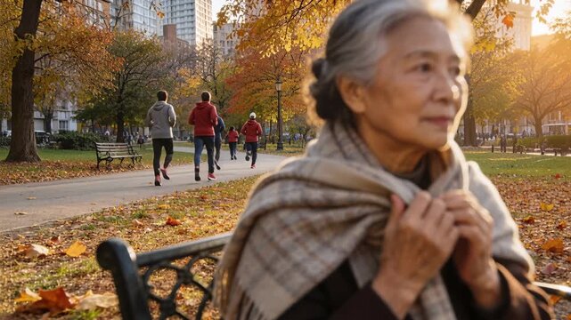 Wrapping woman pulling shawl on park bench as joggers in athletic clothes approaching, copy space