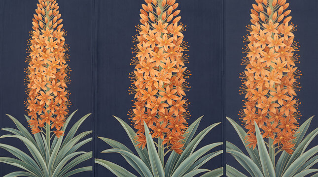 Vibrant orange foxtail lily flowers arranged in symmetrical vertical patterns against a deep navy blue background