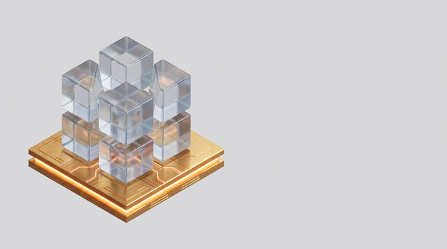 Isometric 3D render of stacked glass asset tokens anchored to glowing gold cryptographic base plate on light grey backdrop with copy space
