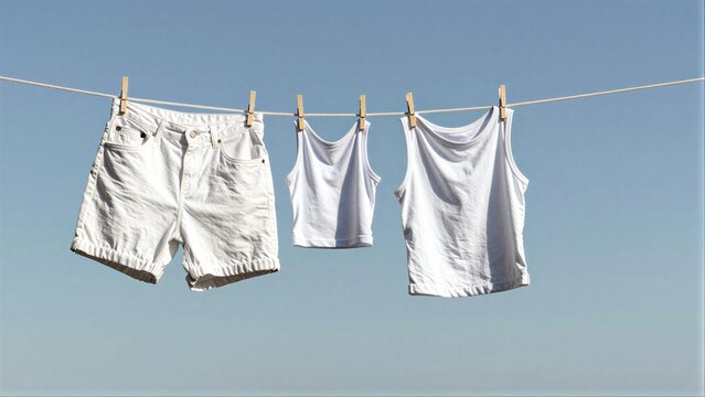 White clothes hang on a line against a clear blue sky.