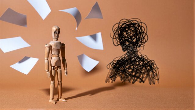 Wooden figure stands before tangled shadow, papers swirl around them.
