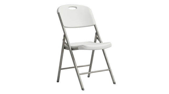 A single white plastic folding chair with a grey metal frame for events and indoor or outdoor seating arrangements isolated on transparent background