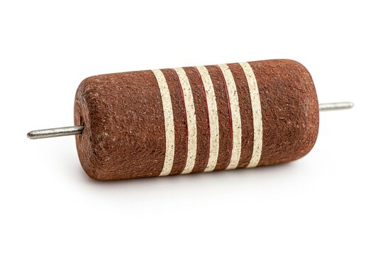 Brown cylindrical resistor with white stripes, two metal leads at ends.