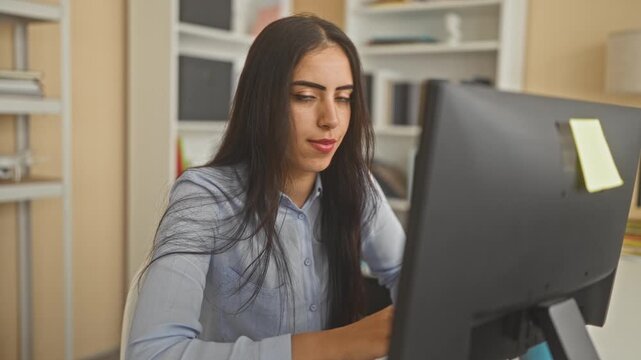 Woman at office desk gestures with open hand toward computer monitor while smiling and typing; friendly engagement.