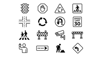 Obraz premium Set of essential traffic management icons and road safety signage symbols for urban navigation and transport infrastructure planning