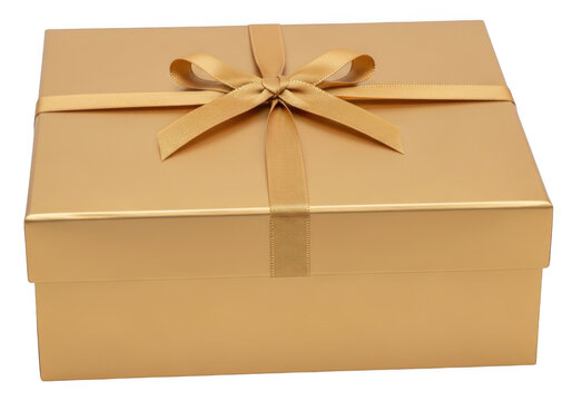 Brown gift box with ribbon on wooden surface isolated on transparent background