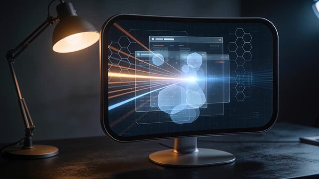 Animating holo UI on widescreen desk monitor rays starting center right lamp lit showing data flow