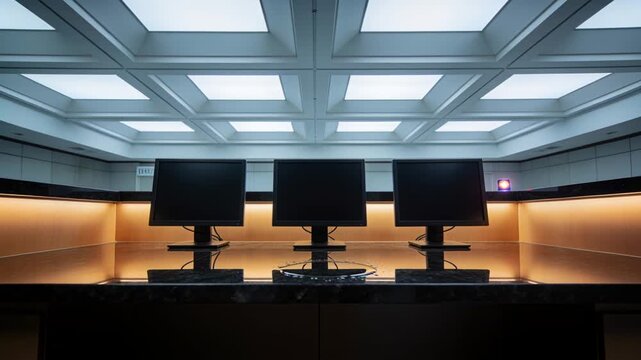Reacting to camera move and exposure shift, three black monitors resting on marble bases at lobby