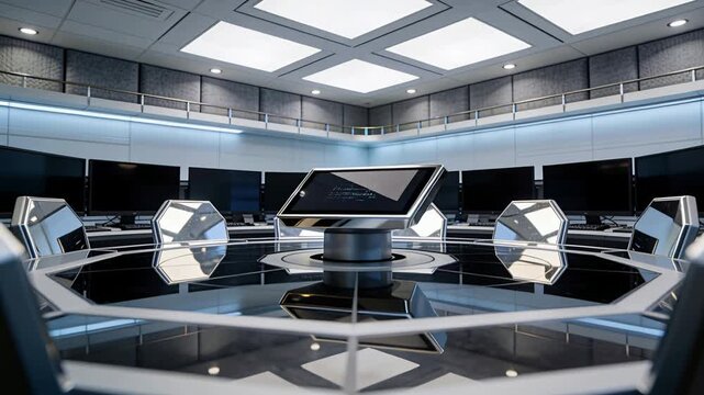 Rotating central module pivoting on pedestal after motor start at demo, shifting table reflections