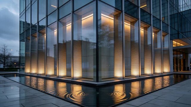 Showing corner louvres casting warm light on reflecting pool at dusk, ripples starting near corner