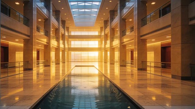 Starting from small splash, ripples spreading on reflecting pool in atrium, sunlight warming floor
