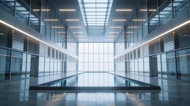 Moving camera forward, revealing rectangular pool in office atrium, emphasizing ceiling reflections