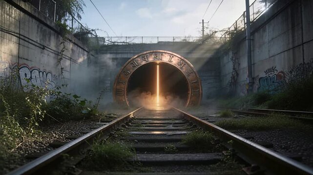 Slit intensifying, metal gateway emitting golden beam beneath overpass, reflecting on rails and fog