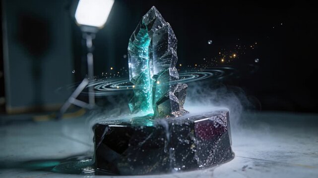 Pulsing cut crystal obelisk on base emitting mist, droplets, sparks with teal glow rising in studio