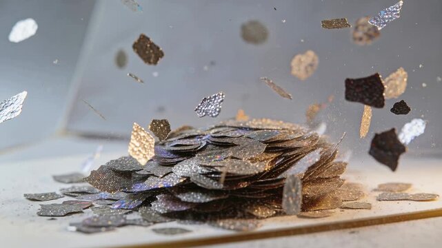 Scattering compact metal leaf pile lifting, tumbling after upward impulse on tabletop with warm rim