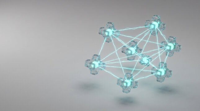 Isometric 3D render of floating glass payment nodes exchanging instantaneous glowing cyan micro transaction beams on soft grey backdrop with copy space