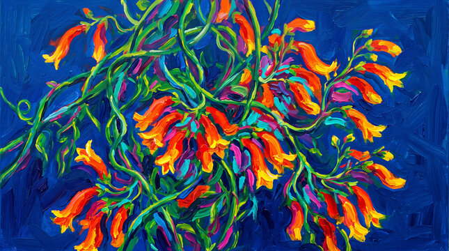 Vibrant orange tubular flowers painted with thick oil strokes against a deep moody blue textured background