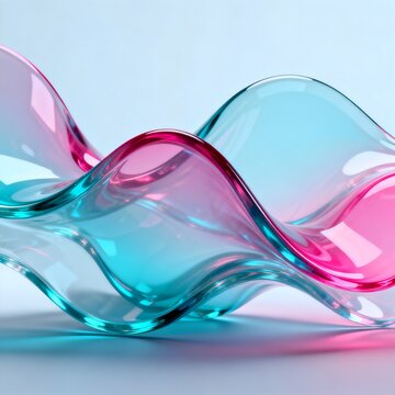 Abstract Flowing Transparent Glass Waves in Pink and Cyan Tones
