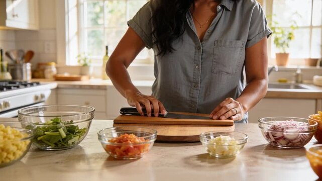 Holding knife, cook in shirt adjusting grip, sliding to chop in kitchen with stacked boards, bowls