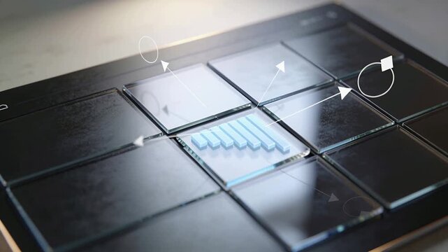 Signal activating popup glass module rising, rotating, flattening blue bars on tabletop demo