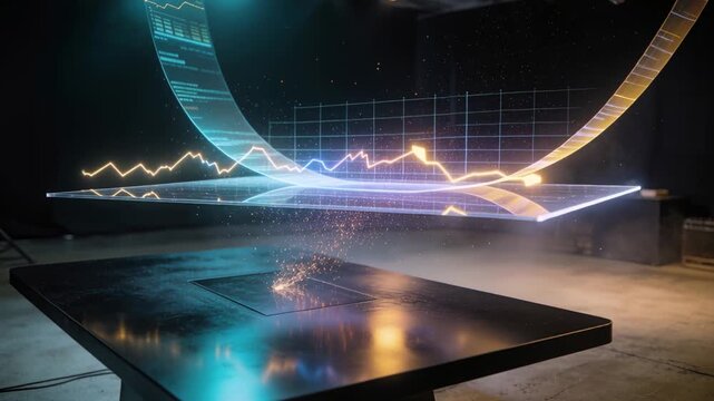 Descending filament forming hologram platform and ribbon over studio table, emitting sparks and fog
