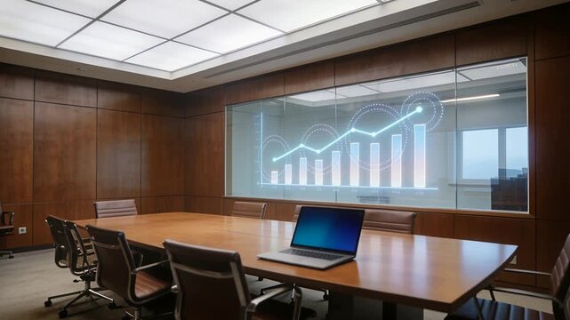 Projecting open laptop on wooden table on wake, displaying hologram on glass partition for analysis