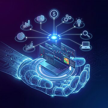 Cybernetic robot hand holding laptop with trading charts and glowing data network icons