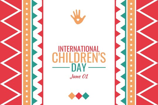 International Childrens Day June 1 vibrant background with a hand icon and geometric patterns on the sides