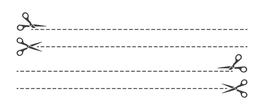 Collection of horizontal dashed cut lines with scissor icons positioned on left and right sides for coupon templates, printable craft designs, and trimming guides