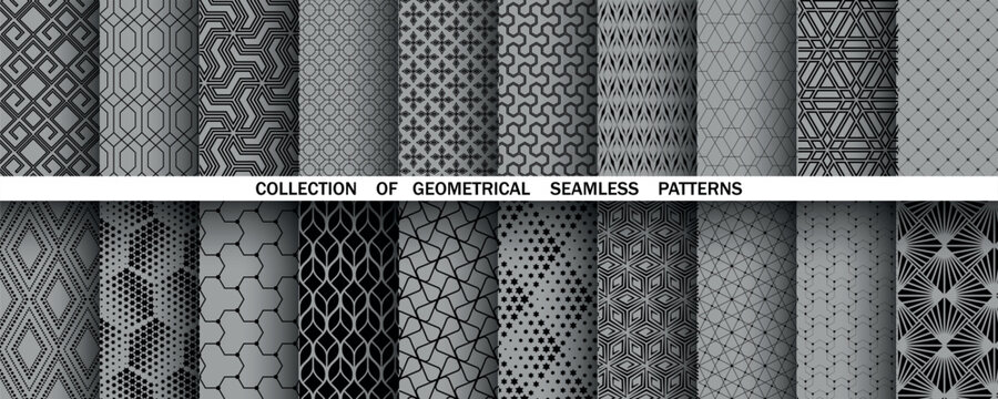 Geometric set of seamless black and gray patterns. Simple vector graphics