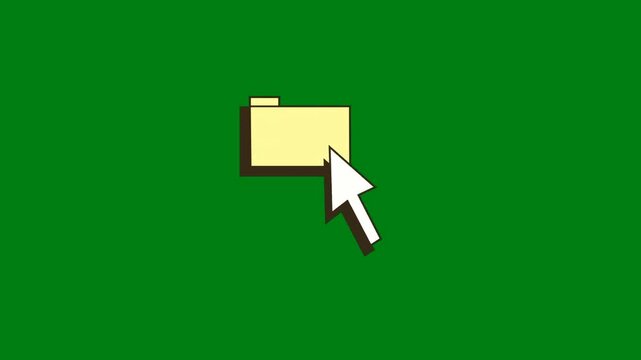 Retro pixel art cursor arrow clicking a yellow computer folder icon on a green screen background for chroma key compositing, symbolizing digital file management, data storage, and user interface.