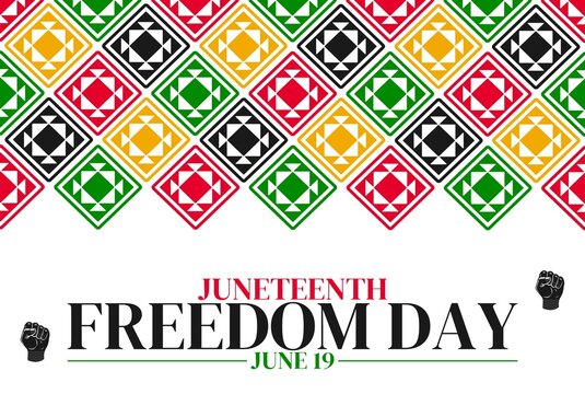 Juneteenth Freedom Day June 19 commemorative background with geometric quilt pattern border at the top