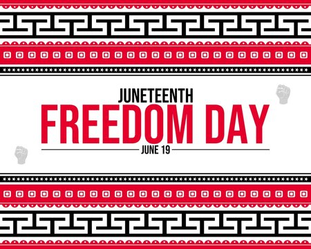 Juneteenth Freedom Day June 19 celebratory background design with geometric patterns and raised fist symbols