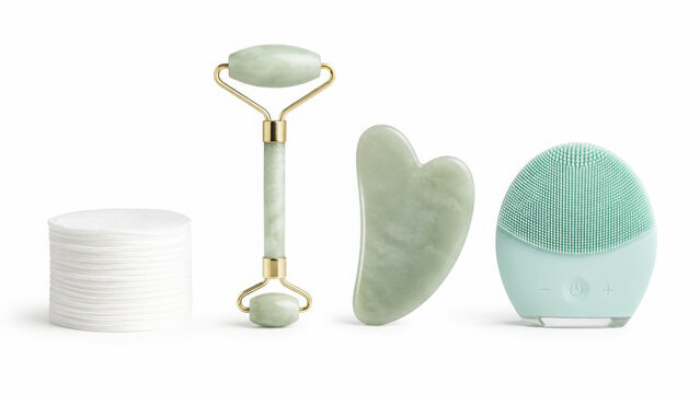 Set of facial skincare tools including jade roller gua sha and cleansing brush