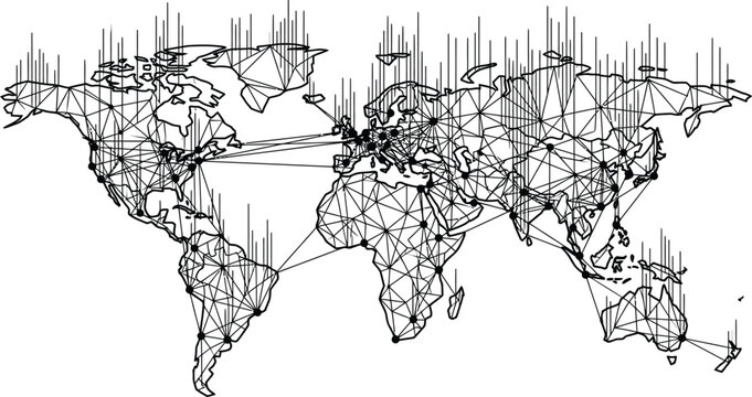 World map made of small dots with colorful location pins for global business and travel navigation concepts