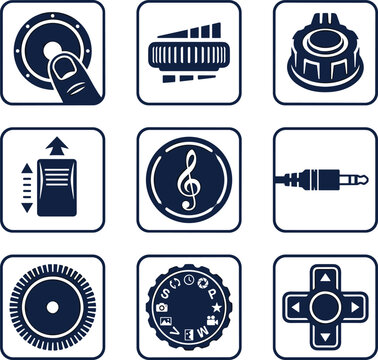 Audio Equipment and Camera Control Silhouette Icon Set with Volume Knob Slider Jack Cable Mode Dial and Treble Clef Symbols for Multimedia Hardware Designs